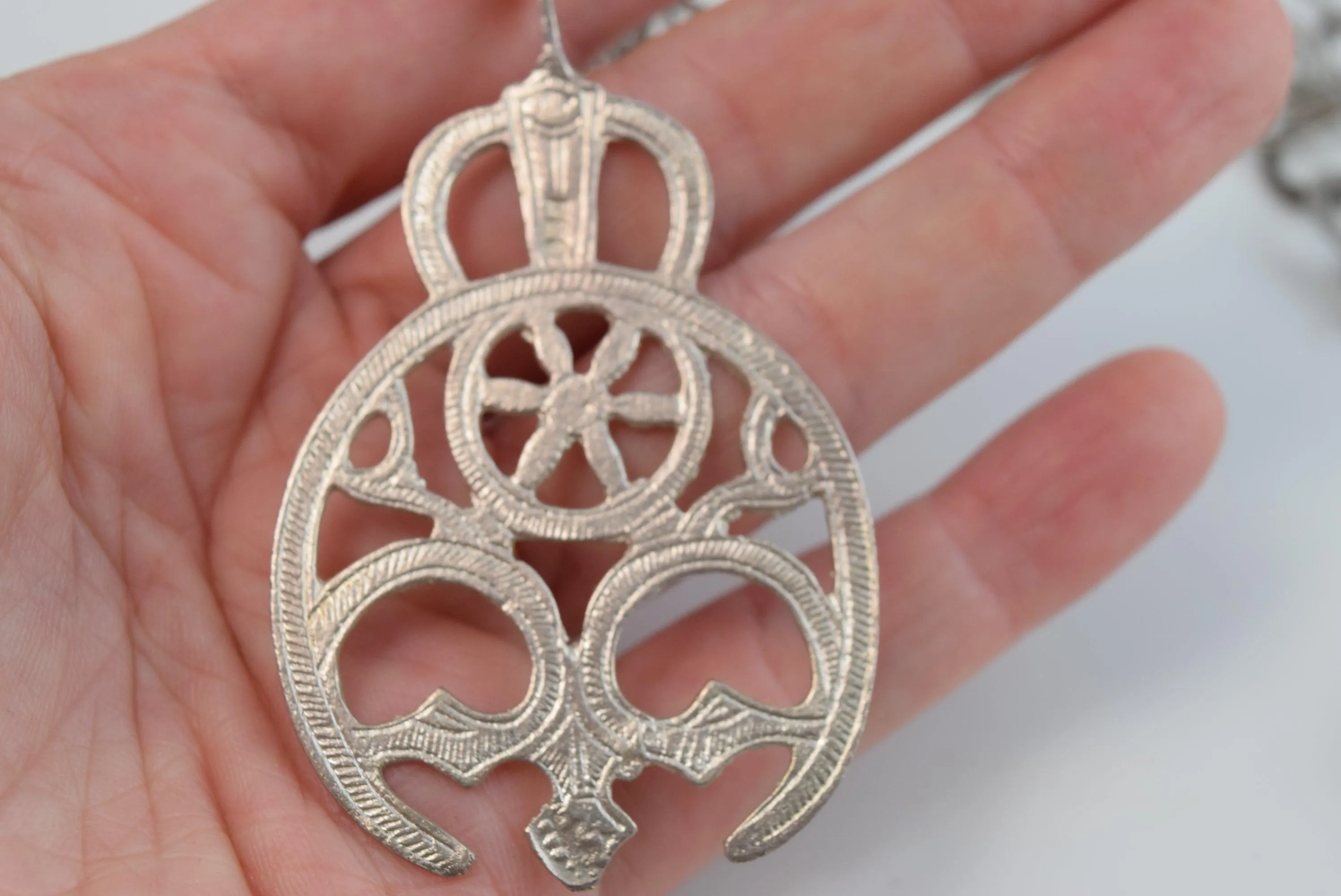 Vintage Berber Necklace, Tunisian Rihana Silver Chain and Hilal or Hauafer Pendant